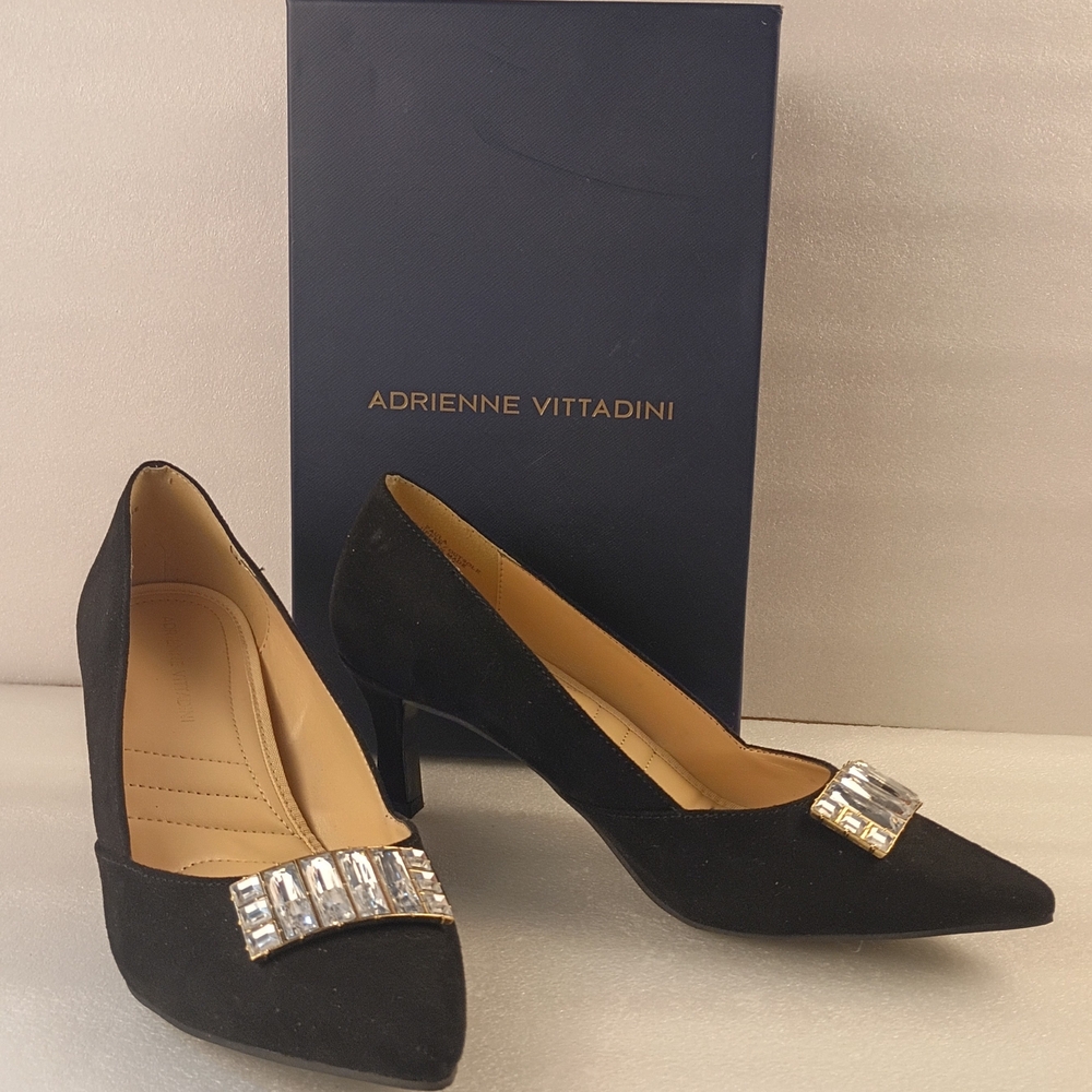 Adrienne Vittadini Black Suede Heels with Crystal Detail - Size 8.5 M